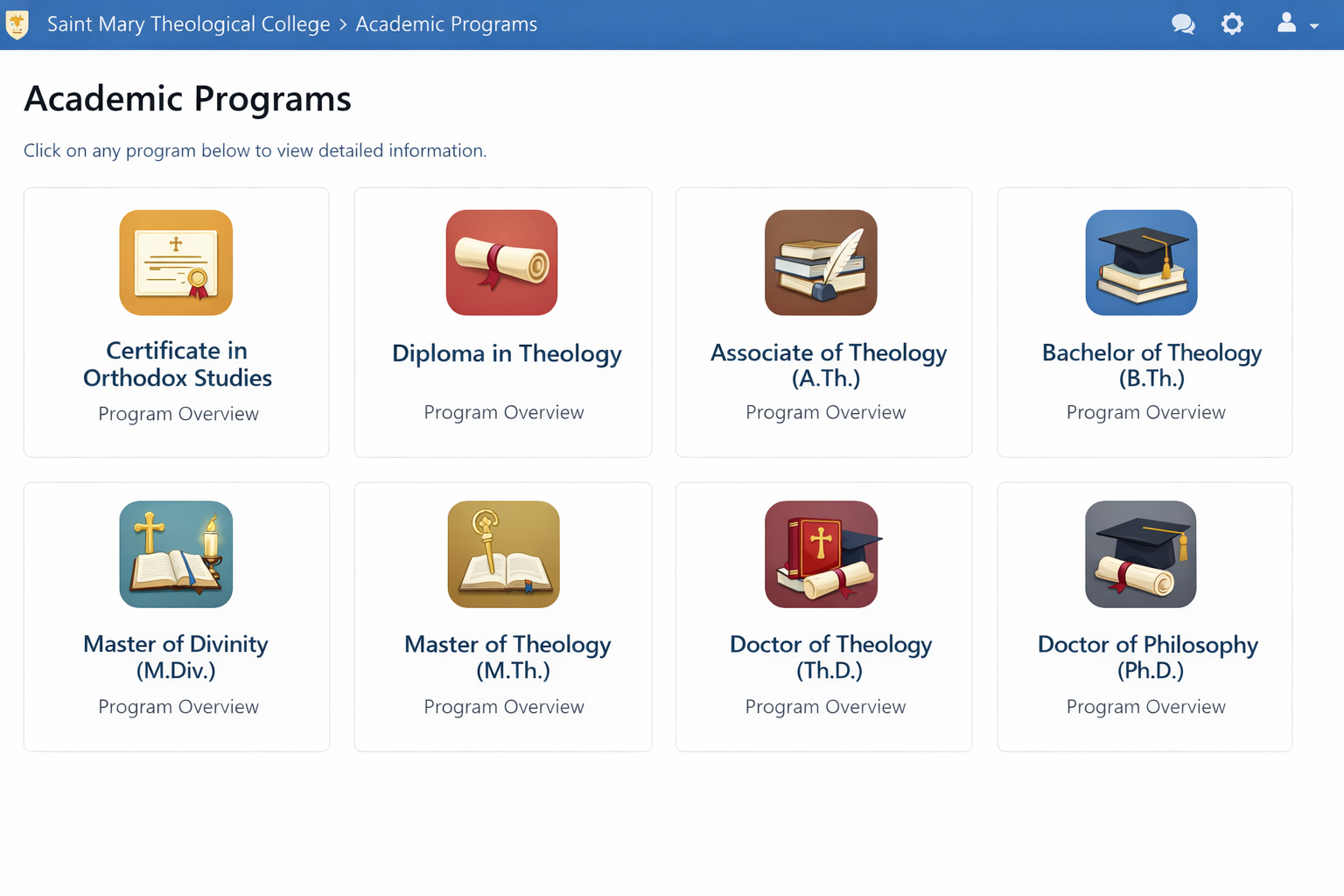 Saint Mary Theological College Academic Programs overview showing certificate, diploma, undergraduate, and graduate degree programs.
